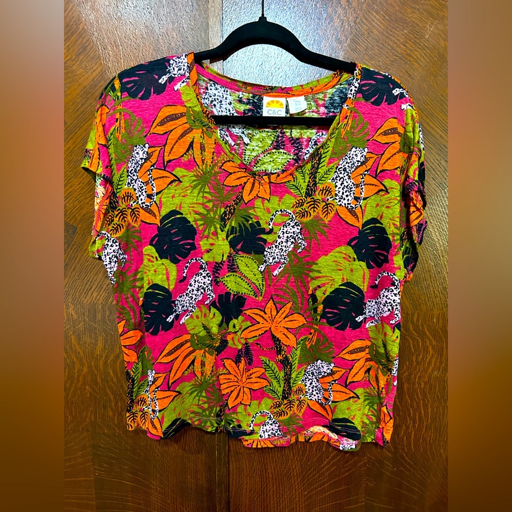 C & C California 100% linen Tropical Print Top - Pink and Orange size large